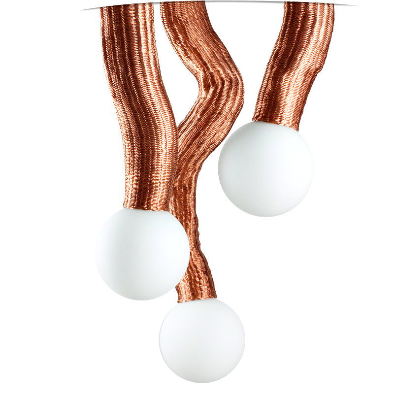 Prototype line of ceiling lamps made from copper knit and glass, design: Daria Burlińska